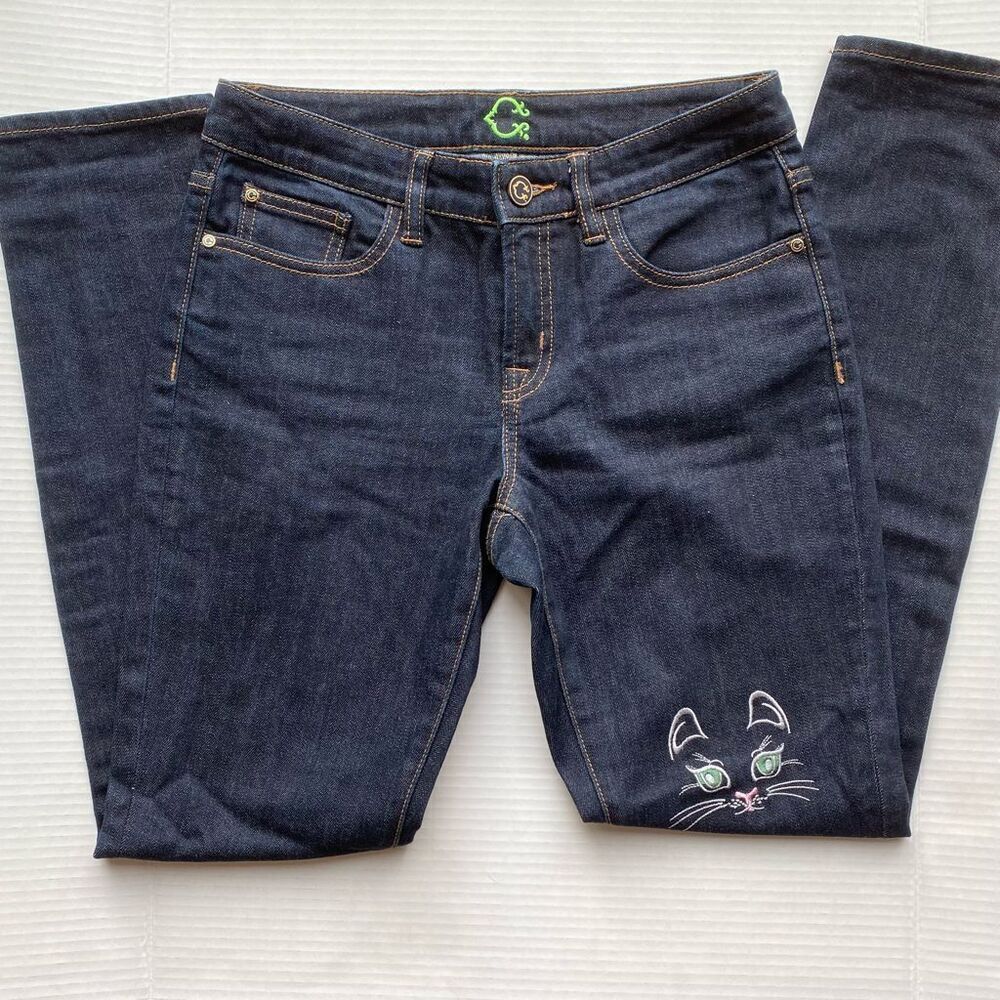 Jeans Dark Wash Skinny Cat Embroidered Denim Size 27